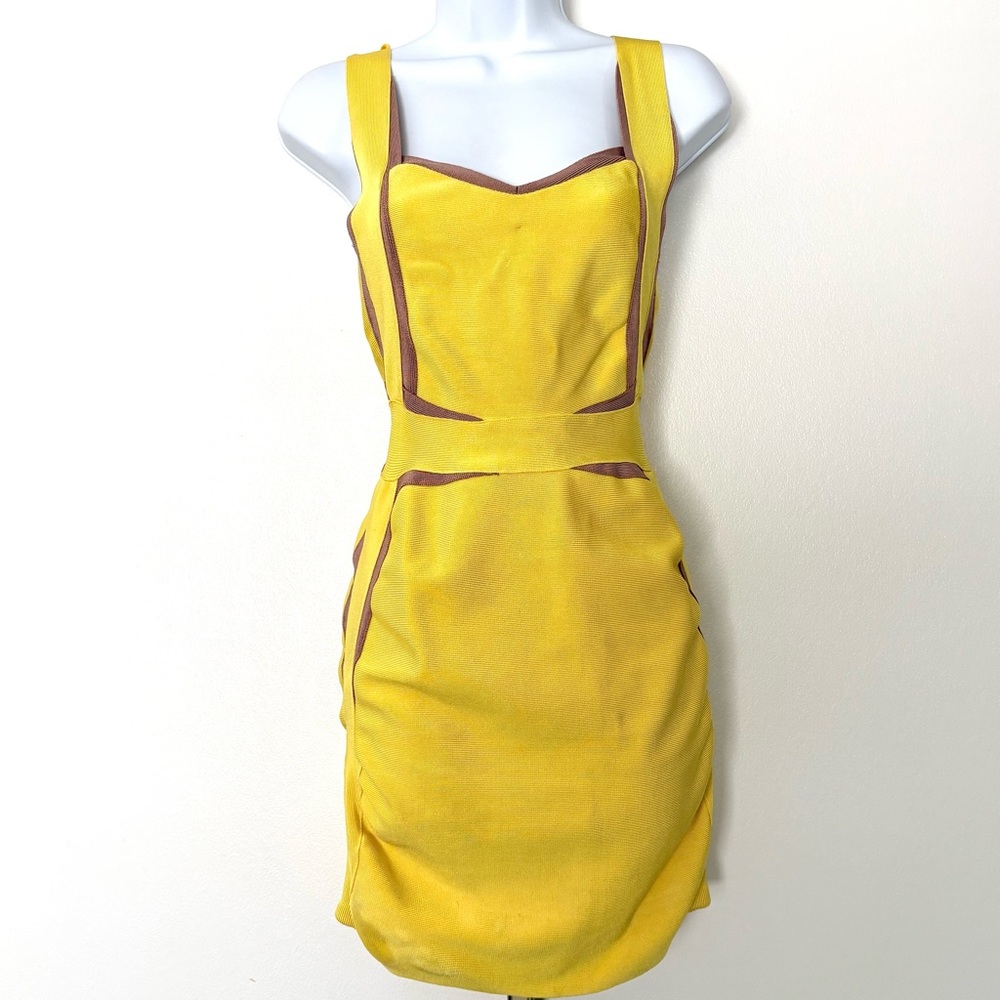 VTG Max Azria-era Hervé Léger Contrast Trim Bandage Mini Dress Canary Yellow S
